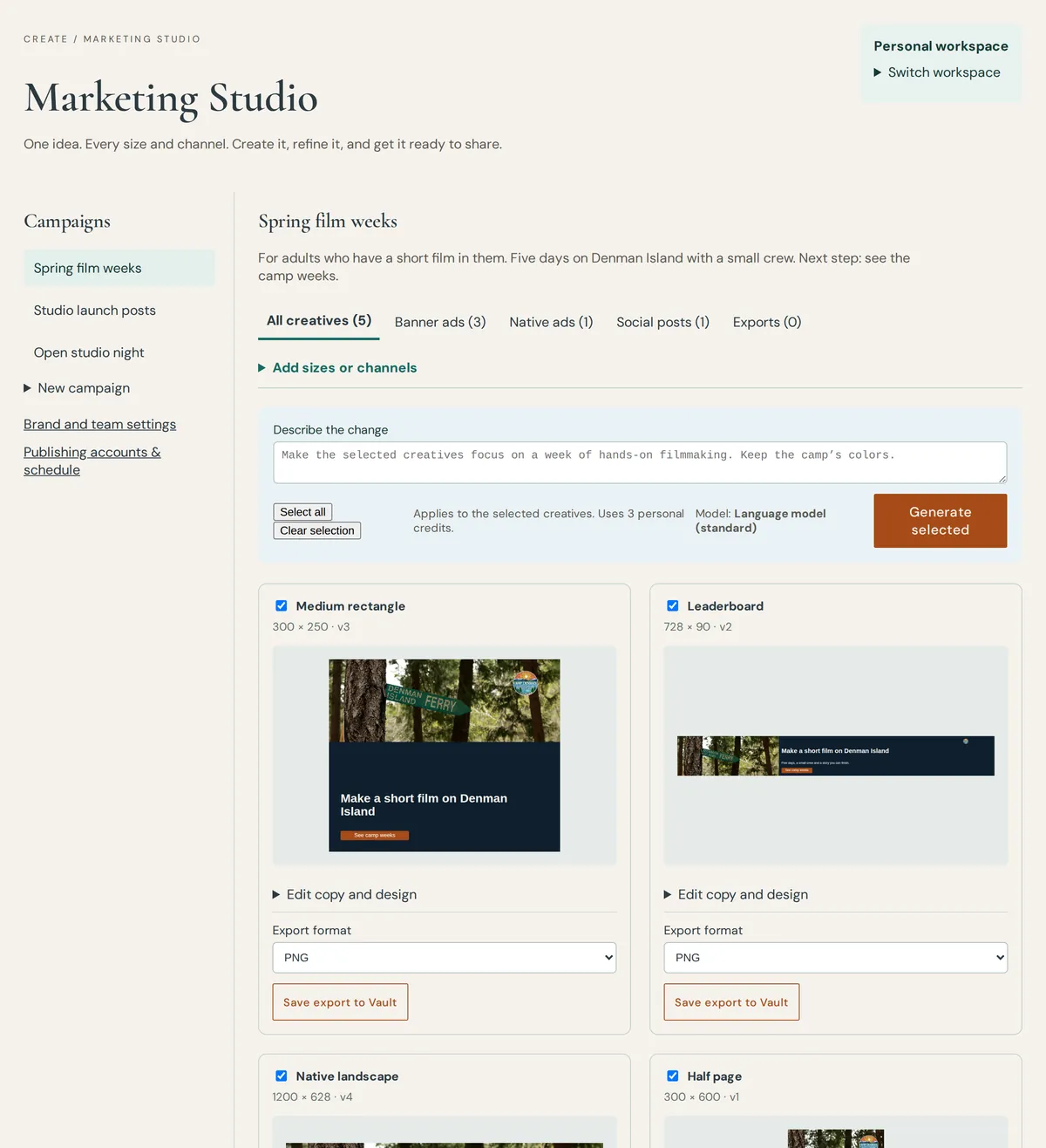 Marketing Studio with one sample campaign rendered as a medium rectangle, a leaderboard, a native ad, a half page and a square social post.