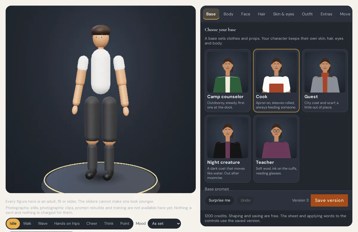 Character Studio showing a 3D character on a turntable, with tabs for body, face, hair, outfit and movement, and a choice of bases such as Cook and Teacher.