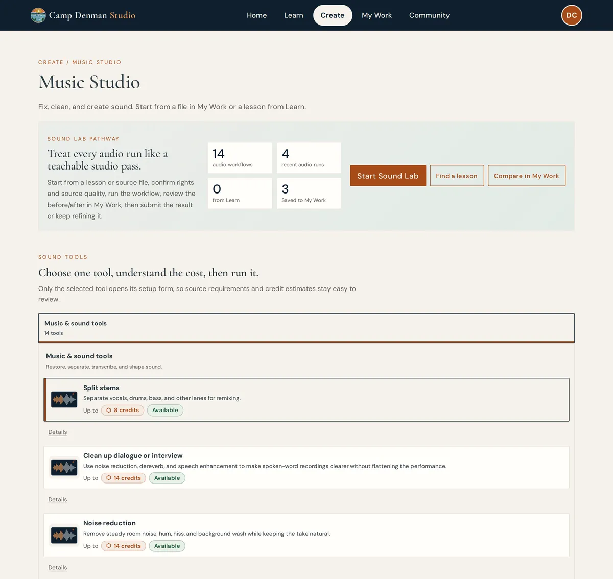 Music Studio listing sound tools such as Split stems, Clean up dialogue and Noise reduction, each with its credit cost.